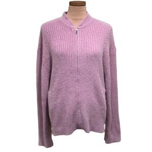 1.State Zip Up Cardigan Sweater Size XL Eyelash Fuzzy Ribbed Pastel Purple Lilac